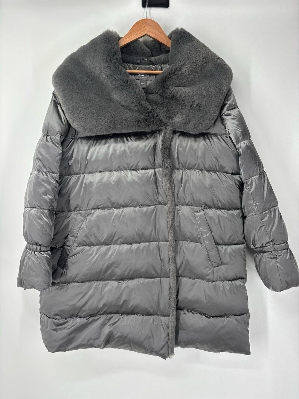 Martha Stewart Metallic Puffer Coat with Faux Fur Details Womens L Silver